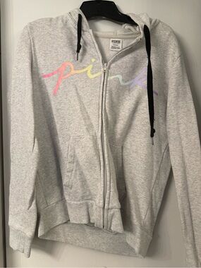 PINK Victoria's Secret Light Gray Zip-Up Hoodie with Pastel Logo